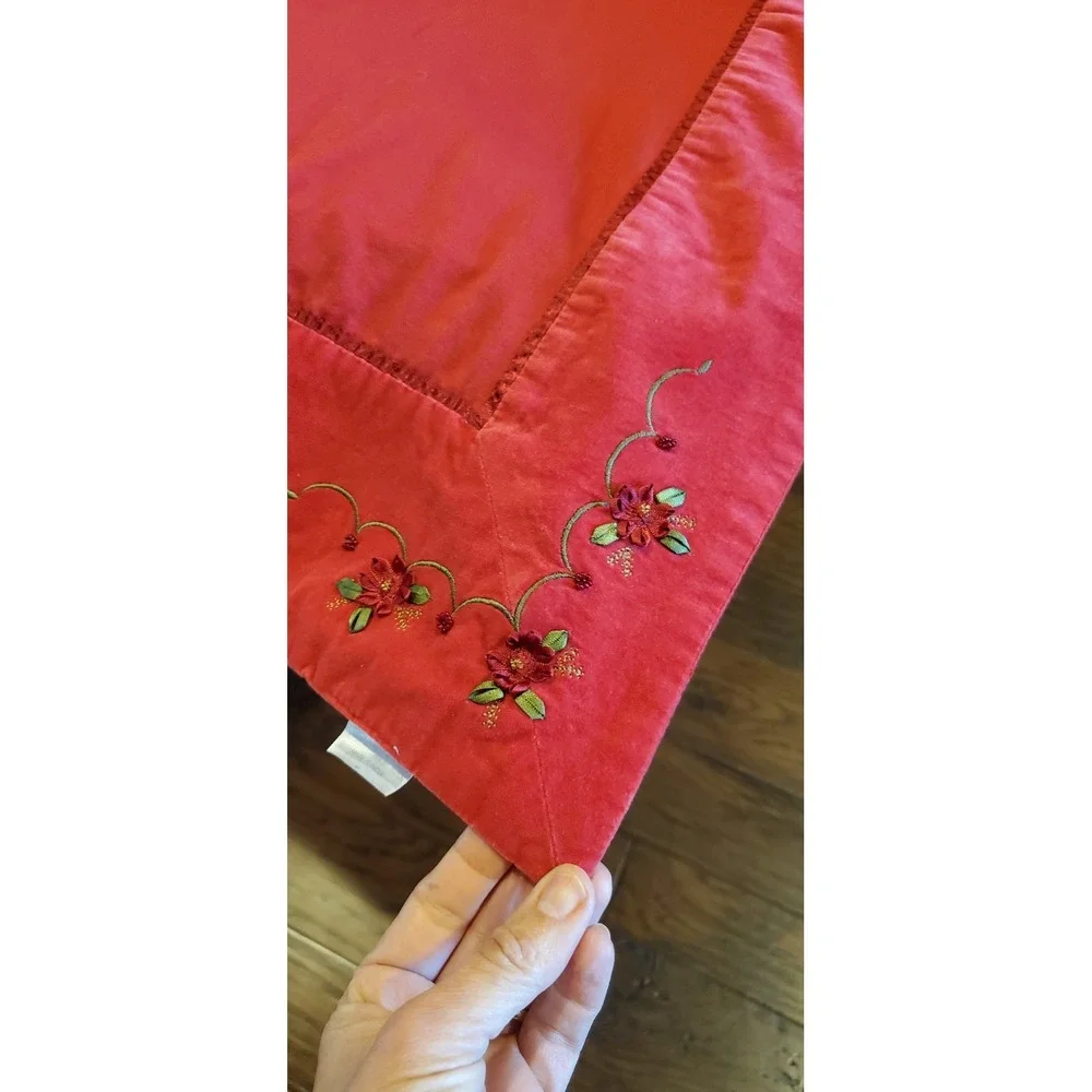 Christmas Cotton Tablecloth Velvet Trim Ribbon Poinsettia Embroidery 58x111